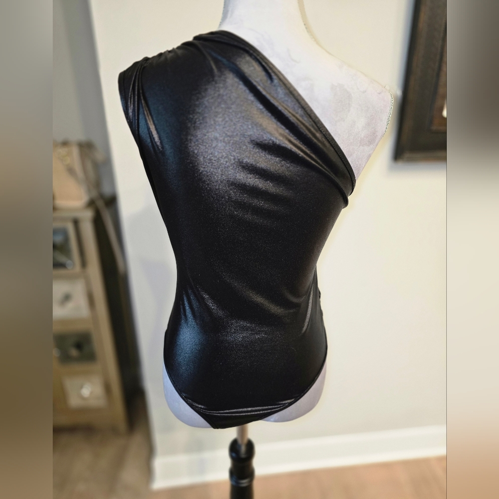 Women's Casual Faux Leather One Shoulder Bodysuit Asymmetrical Neck Sleeveless - Picture 13 of 13